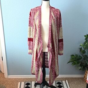 ABSOLUTELY FAMOUS Burgundy Beige open front long line cardigan waterfall Small